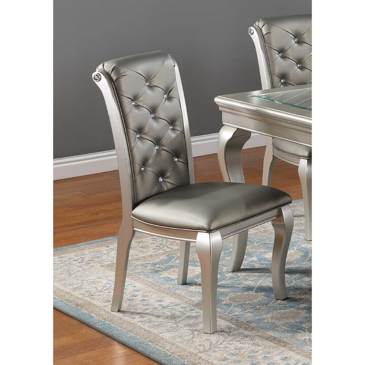 Formal Luxurious Dining Chairs Set of 2 Champagne / Silver Solid Wood High-quality Faux Leather Cushion Button Tufted Side Chairs Kitchen Dining Room Furniture
