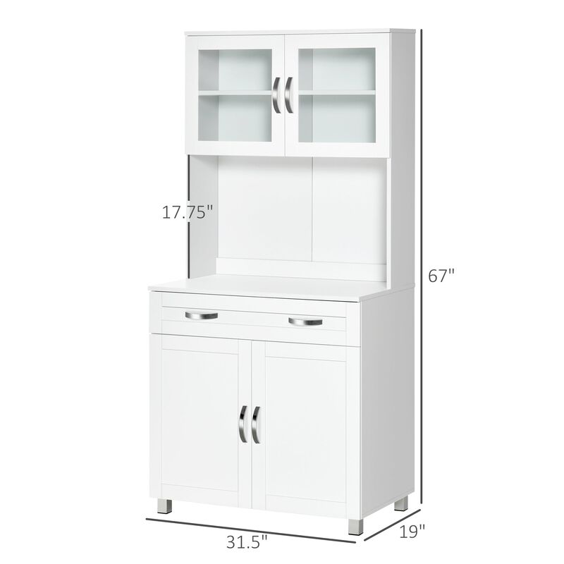 67" Buffet with Hutch, Modern Kitchen Pantry, Freestanding Storage Cabinet with Framed Glass Doors, Shelves and Drawers, White