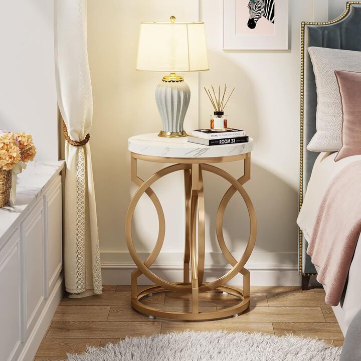 Tribesigns Round End Table, Modern Bedside Table with Faux Marble Top, Nightstand and Side Table for Living Room and Bedroom, Small Sofa Table with Curved Gold Metal Legs