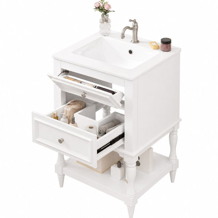 ELEMENT ACE 20 Inch Bathroom Vanity with Integrated Ceramic Sink, Freestanding Bathroom Cabinet with 2 Drawers and Open Shelf