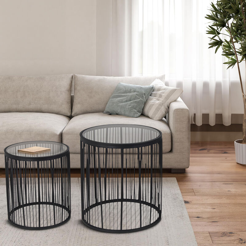 2 Piece Glass Top Accent Table with Wire Frame Design, Black