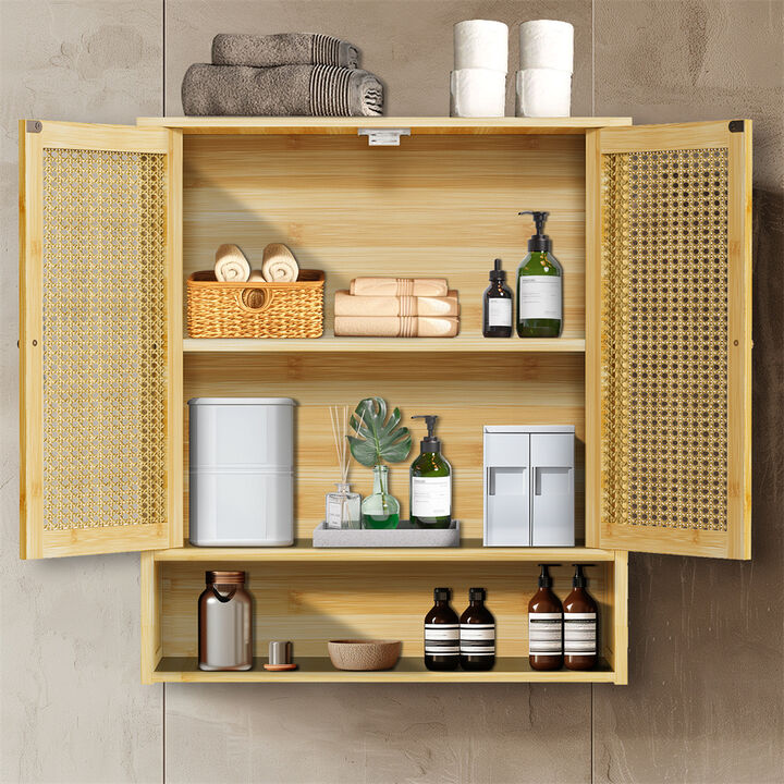 Bathroom Cabinet Wall Mounted, Bamboo Over-The-Toilet Storage Organizer 2 Door