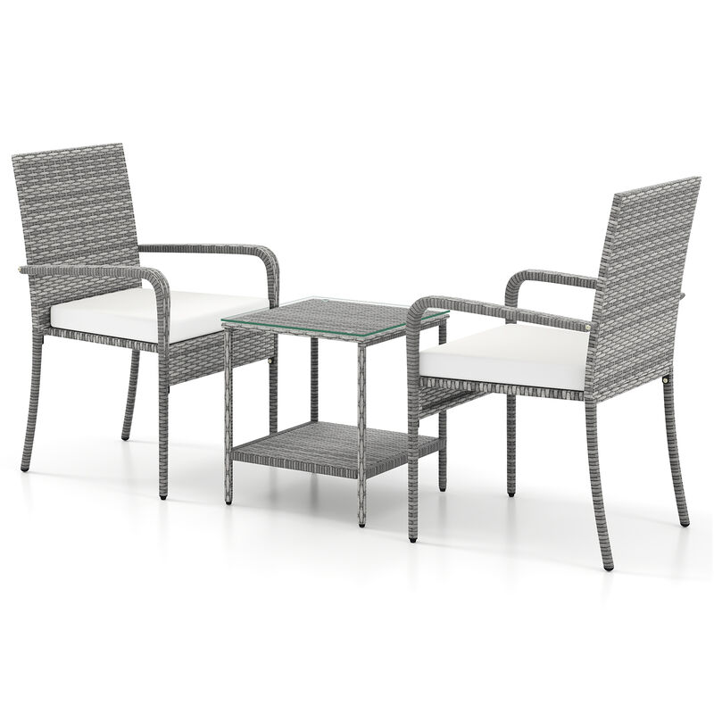 3 Piece Balcony Patio Furniture Set with Seat Cushions and Tempered Glass Tabletop image number 3