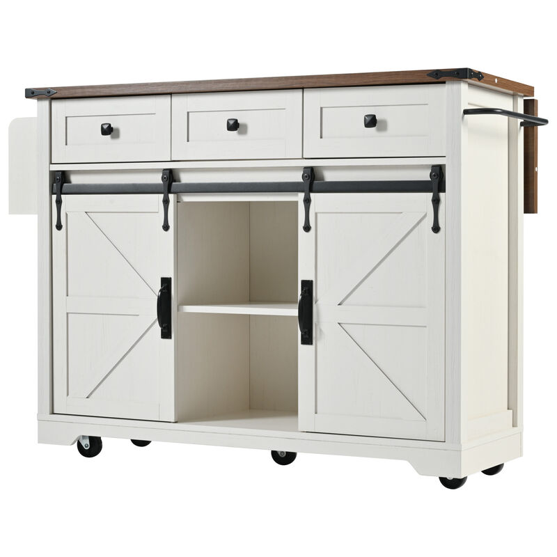 Whisen Farmhouse Wood Kitchen Cart with Drop Leaf, Power Outlet, 2-Sliding Barn Doors, Towel Rack, Spice Rack, 3-Drawers - White
