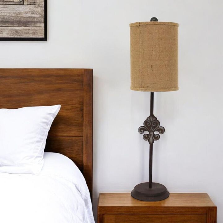 Hivvago 31" Black Fleur de Lis Metal Table Lamp With Natural Burlap Shade