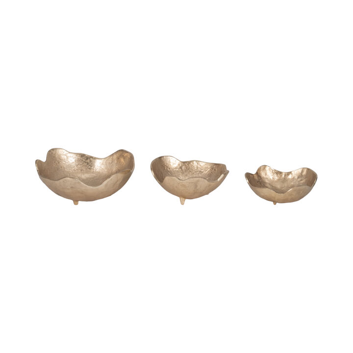Metal, S/3 8/10/12" Organic Bowls, Gold