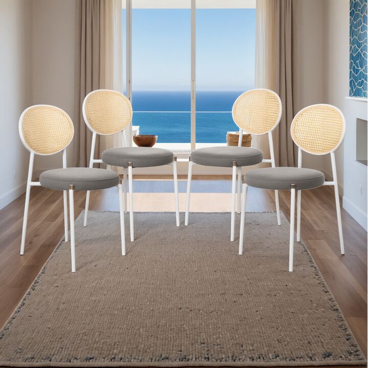 LeisureMod Velvet/Leather Dining Chair Rattan Back Side Chair Comfortable Kitchen Chair with Stainless Steel Base Euston Collection, Set of 4