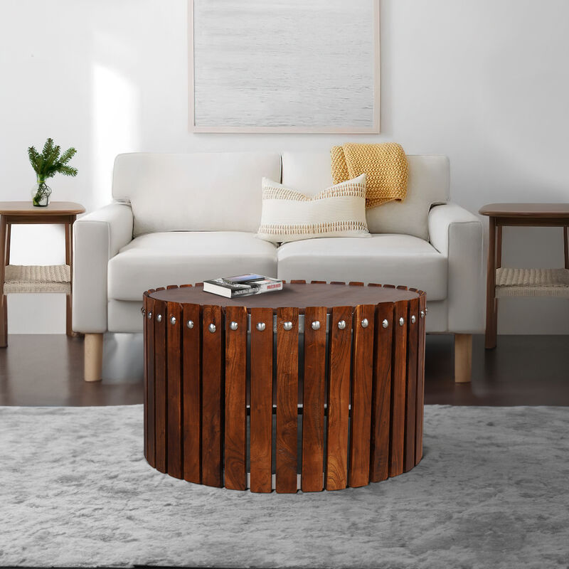 Myla 31 Inch Handcrafted Round Coffee Table with Vertical Planks, Iron Rivets, Dark Walnut Brown Acacia Wood