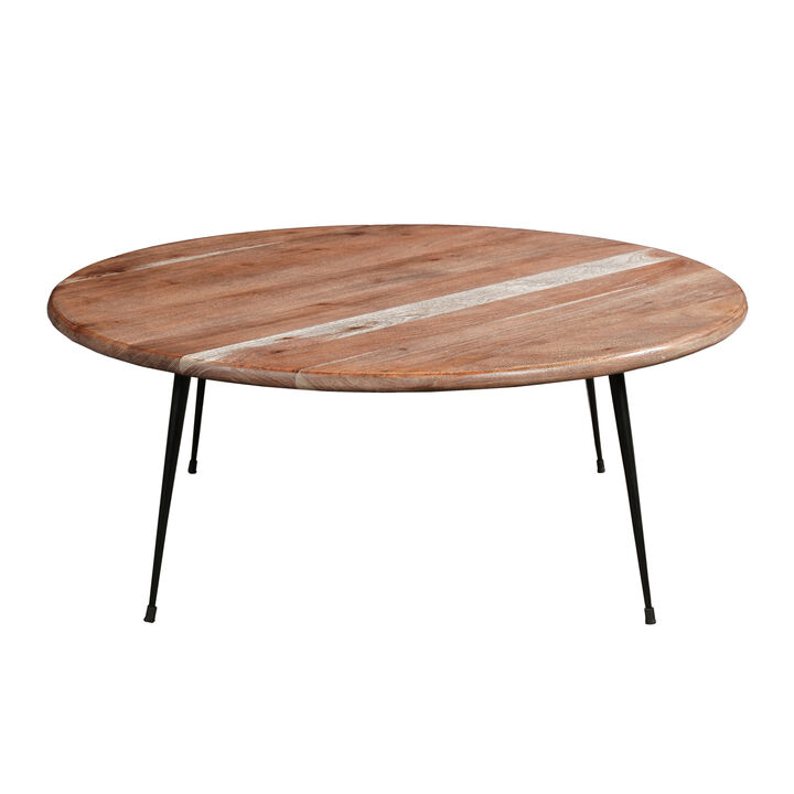 35 Inch Coffee Table, Round Sandblasted Brown Acacia Wood Top, Sleek Iron Legs - Benzara