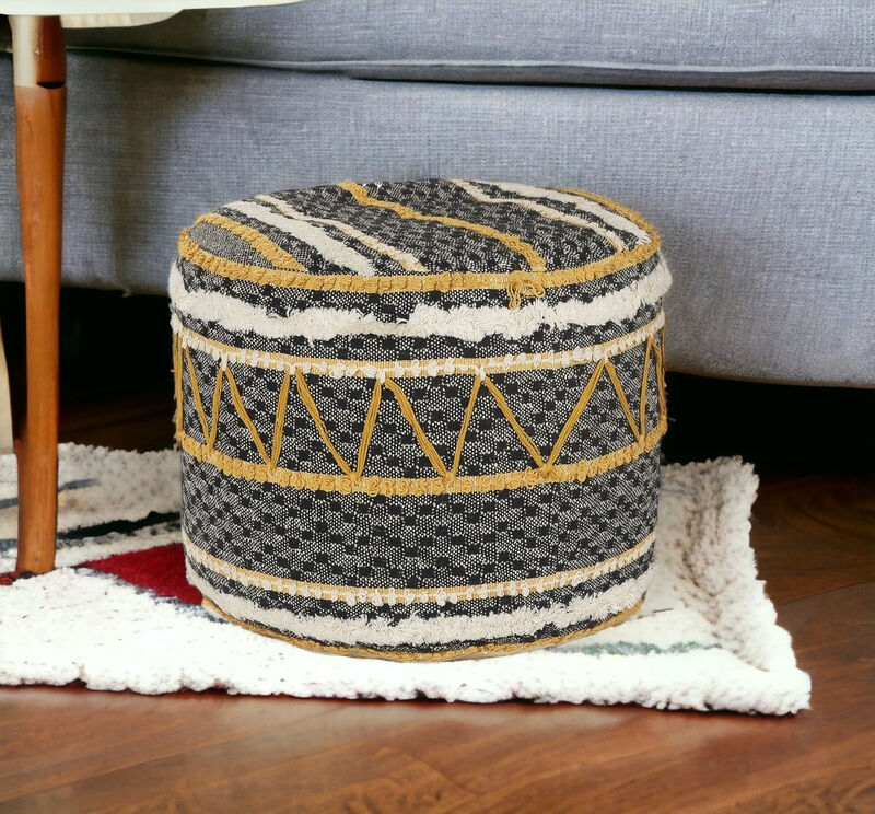 Hivvago 18 Inch Black Cotton Cylinder Striped Pouf Ottoman