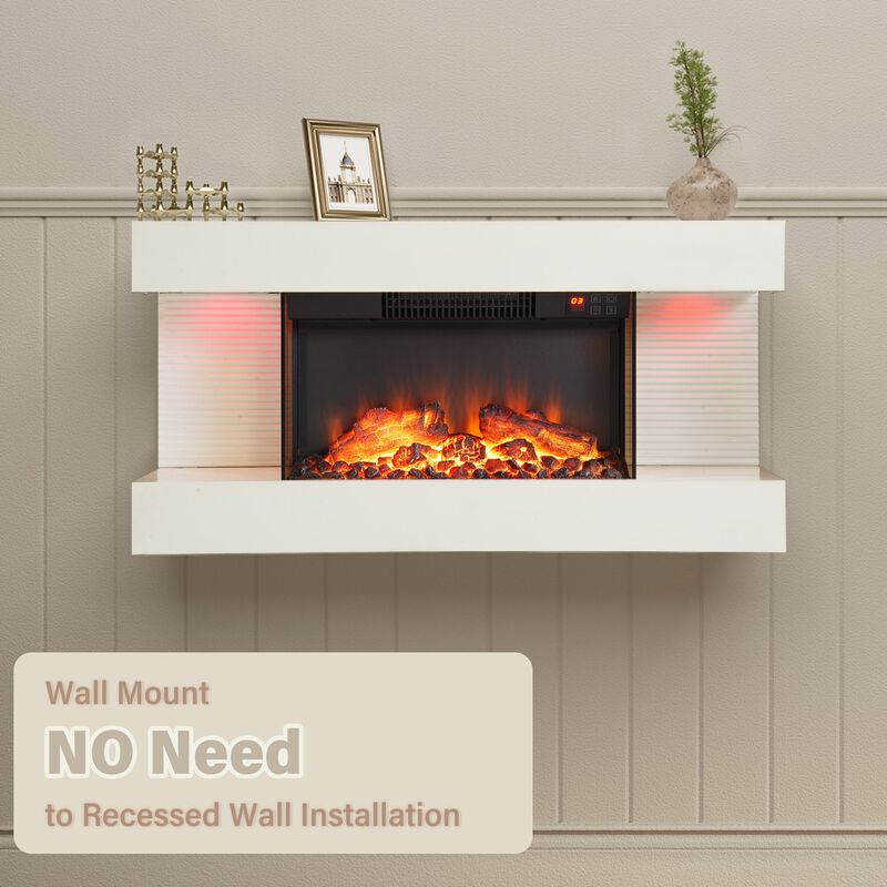 32 in. Wall Mounted Hanging Electric Fireplace with Remote Control in White