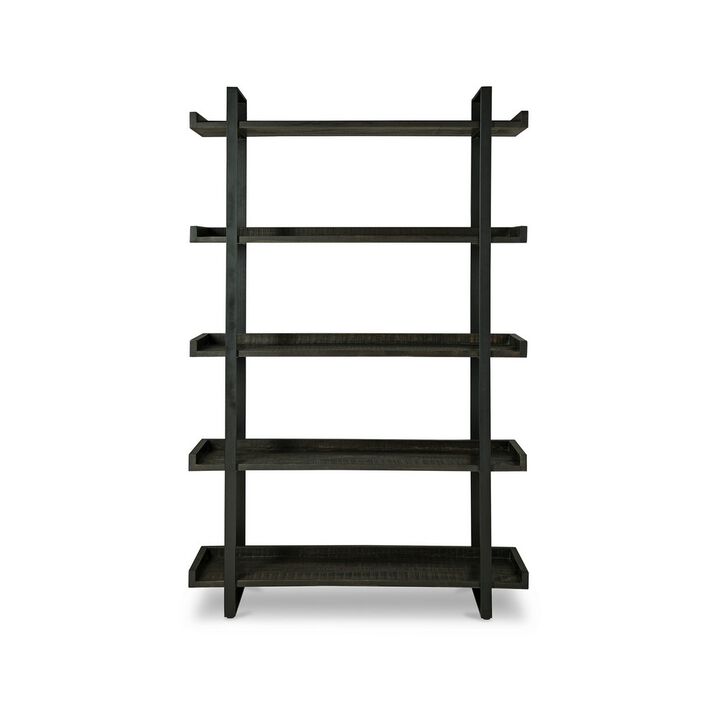 Franz 78 Inch Bookcase, 5 Display Shelves, Black Metal Bracket, Brown Wood - Benzara