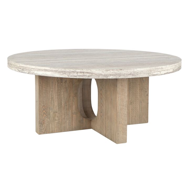 Tab 42 Inch Coffee Table, White Round Top, Tripod Base, Concrete, Pine Wood - Benzara