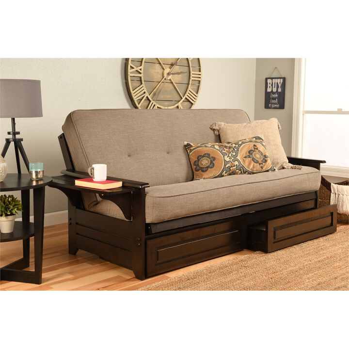 Phoenix Frame-Espresso Finish-Linen Stone Mattress-Storage Drawers
