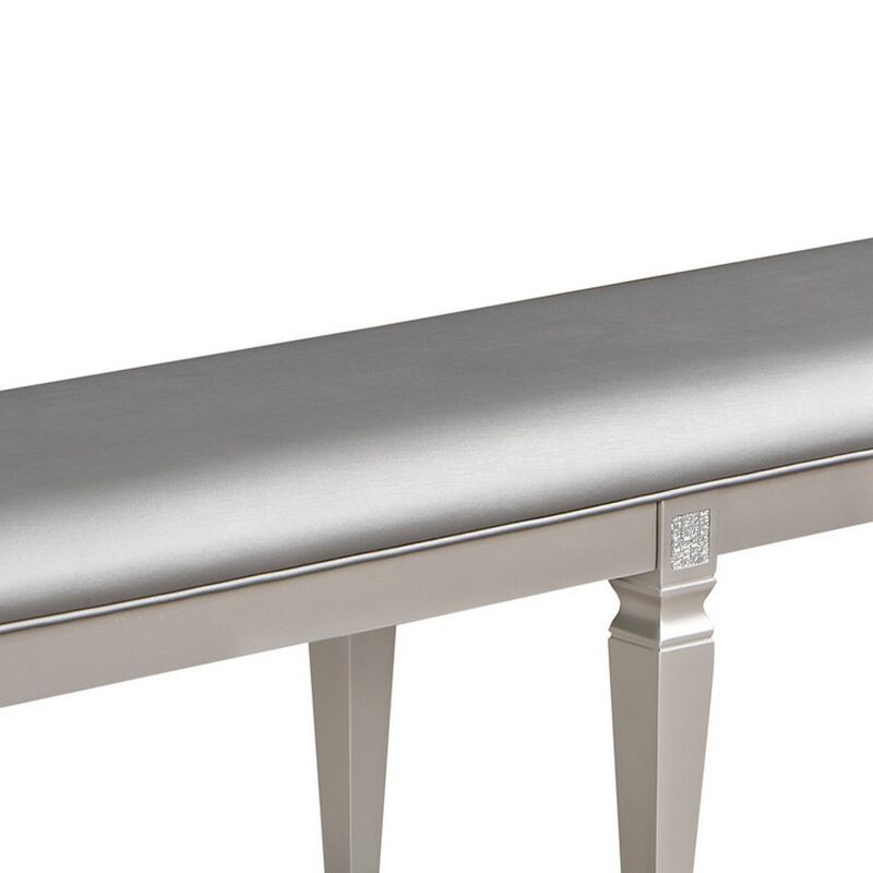 Scott 60 Inch Dining Bench, Sparkling Silver Gray Faux Leather, Wood Frame - Benzara