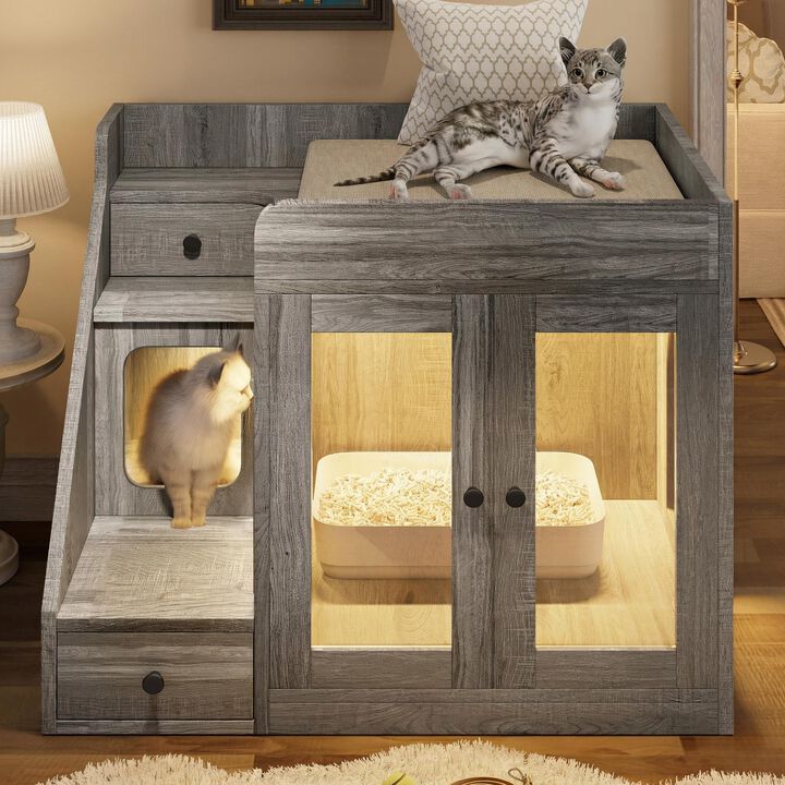 Whisen 32.6" Pet Furniture, Cat Litter Box Enclosure with 2 Drawers & Light, MDF Hidden Litter Cabinet, Indoor Cat House Table