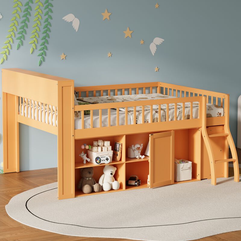 Merax Loft Bed with Storage Shelves and LED Headboard Light image number 2