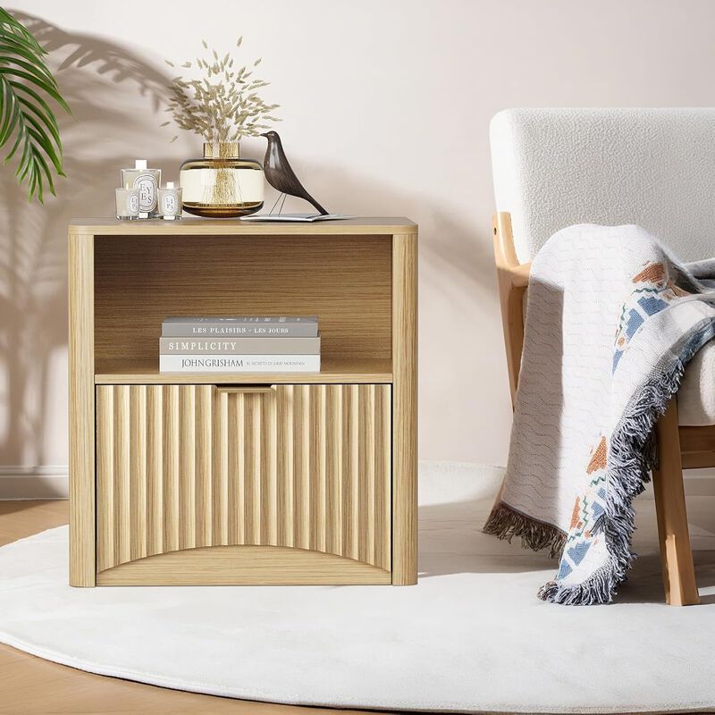 2pcs Nightstands, Fluted Nightstand with Drawer and Storage, End Table Mid Century Modern, Wooden Nightstand for Bedroom Sofa Office,Oak image number 7