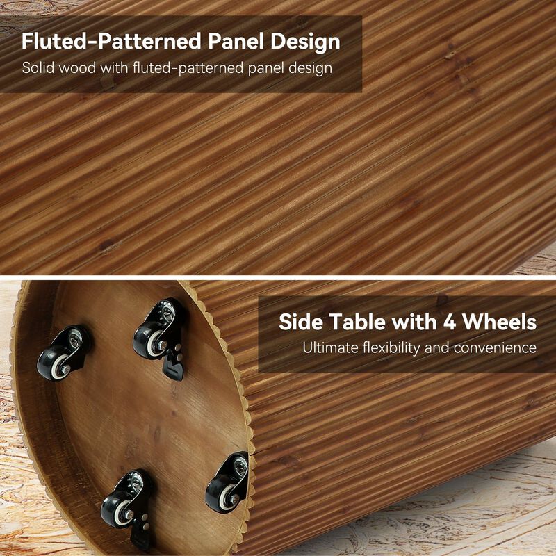 Fluted Solid Wood Round End Table, Side Table with Storage & 4 Wheels-Walnut image number 7