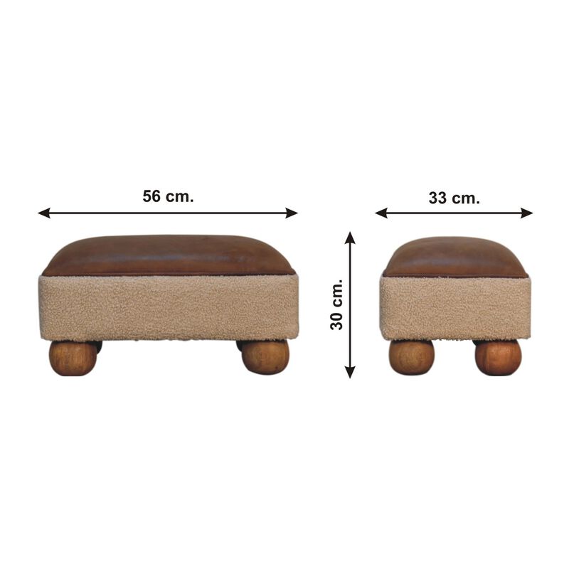 Tan Buffalo Leather Boucle Footstool with Ball Feet