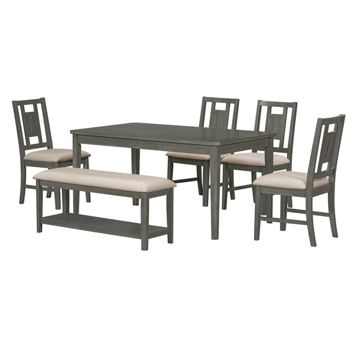 6piece Retro Dining Set, Minimalist Dining Table and 4 upholstered chairs 1 bench with a shelf for Dining Room(Dark Gray)