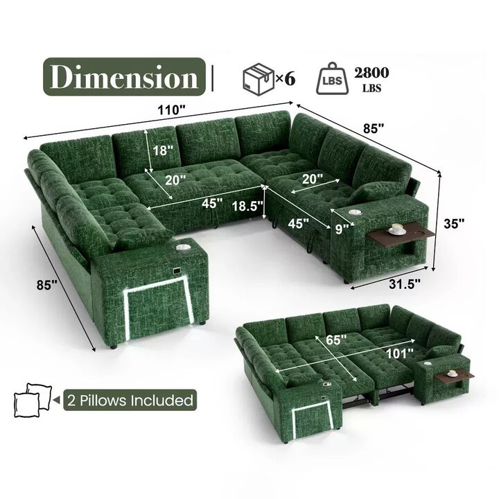 Vipbear 110" Modular Sectional Sleeper Sofa, 8-Seater Chenille U-Shaped Couch with Pull-Out Beds