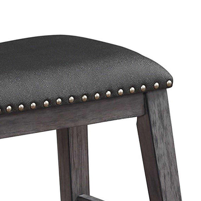 Wood & Leather CoUnter Height Stool with Nail head Trim, Set of 2, Black & Gray