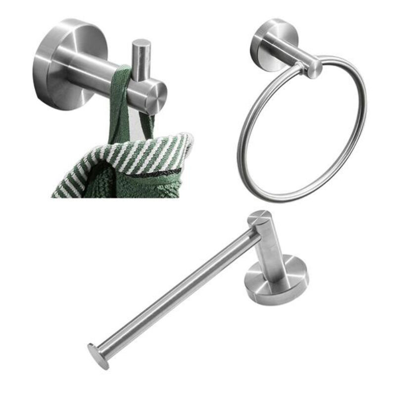 Brushed Silver Bathroom Accessories Set with Towel Bar & Hooks