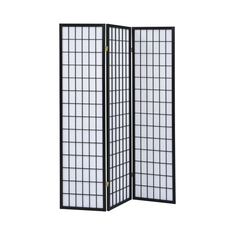 3 Panel Screen with Grid Design Wooden Frame, Black-Benzara image number 1