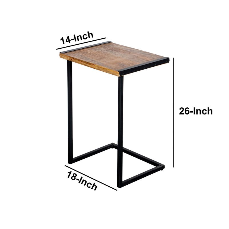C Shape Mango Wood Sofa side End Table with Metal Cantilever Base, Brown and Black-Benzara