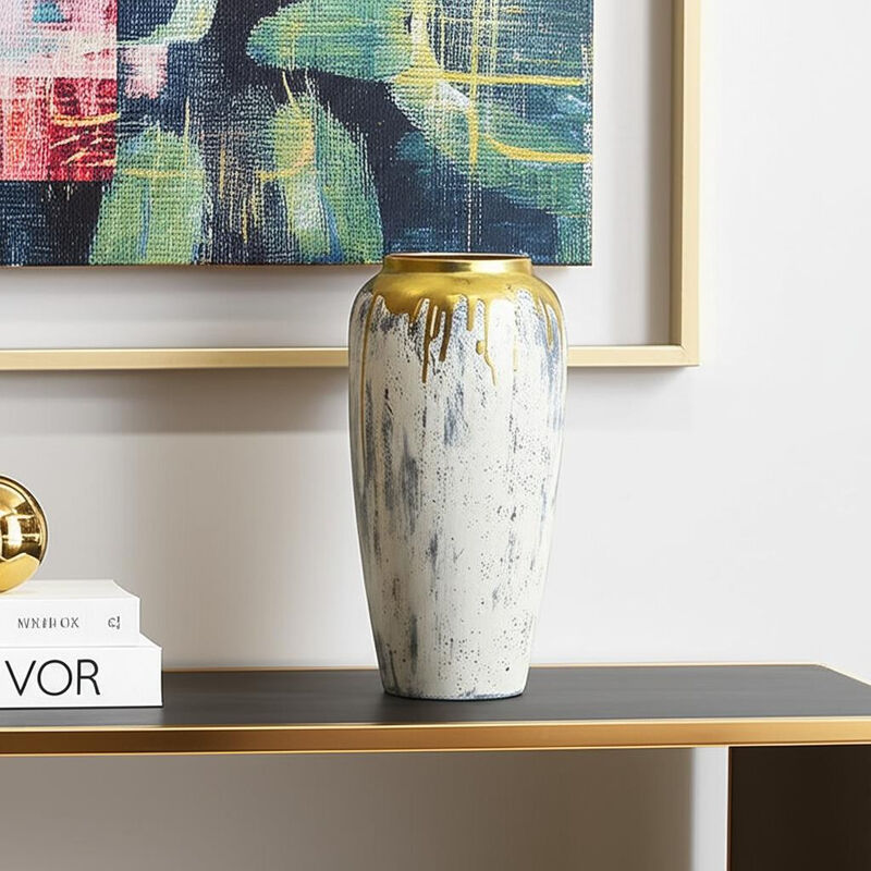 HomeRoots 14" Gray Ivory And Gold Modern Abstract Ceramic Table Vase image number 1