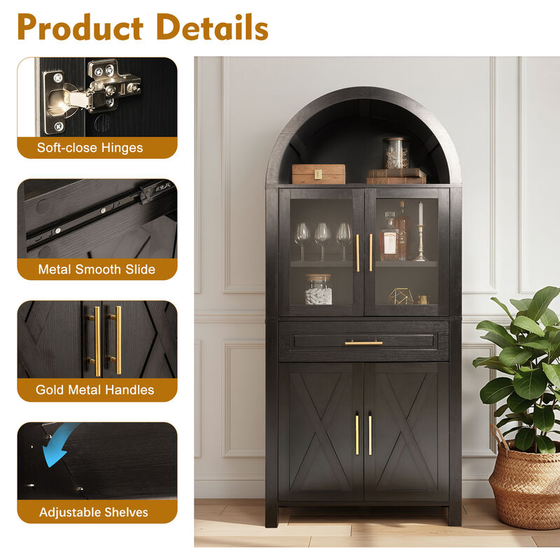 Merax Farmhouse Arched Glass Barn Door Pantry Cabinet - Adjustable Shelves & Built-In Racks image number 5
