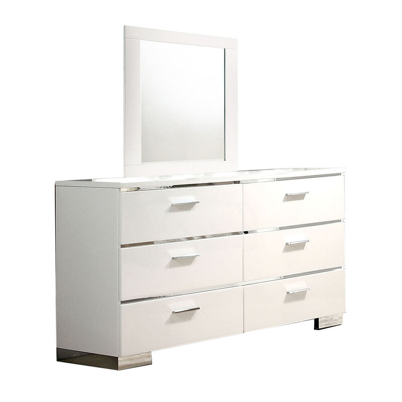 Cari Four Pc King Bedroom Set, LED Headboard with Shelf, White Wood, Chrome Stripes - Benzara