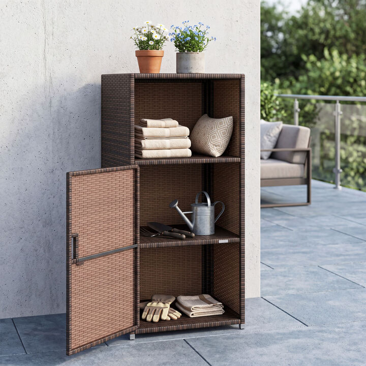 Outdoor PE Wicker Storage Cabinet with Door and Open Shelf Compartment for Patio Organization