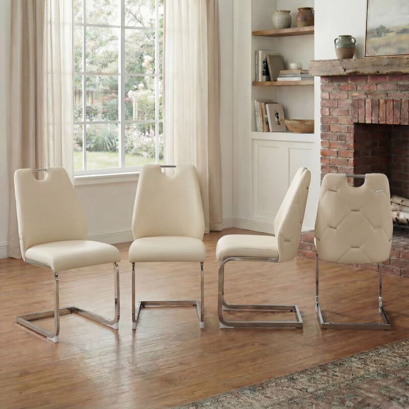 Set of 4 PU leather dining chairs rectangular high back solid back dining chair with pull ring modern kitchen dining chairs wipe clean image number 1