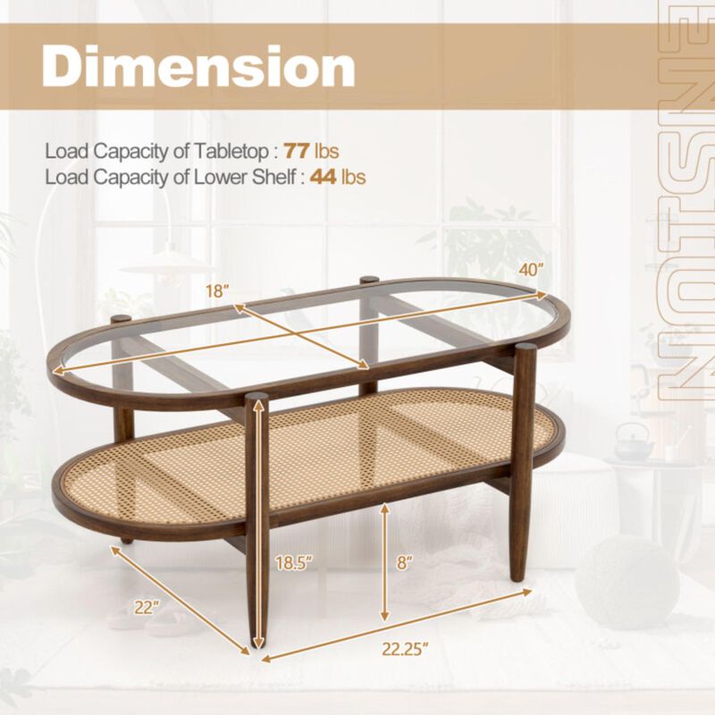 Hivvago 2-Tier Coffee Table with Tempered Glass Tabletop and Acacia Wood Frame