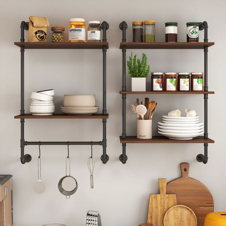 Clihome Industrial Pipe 36in Shelf, 3 Tier and 2 Tier Wood Wall Mounted Display Shelves