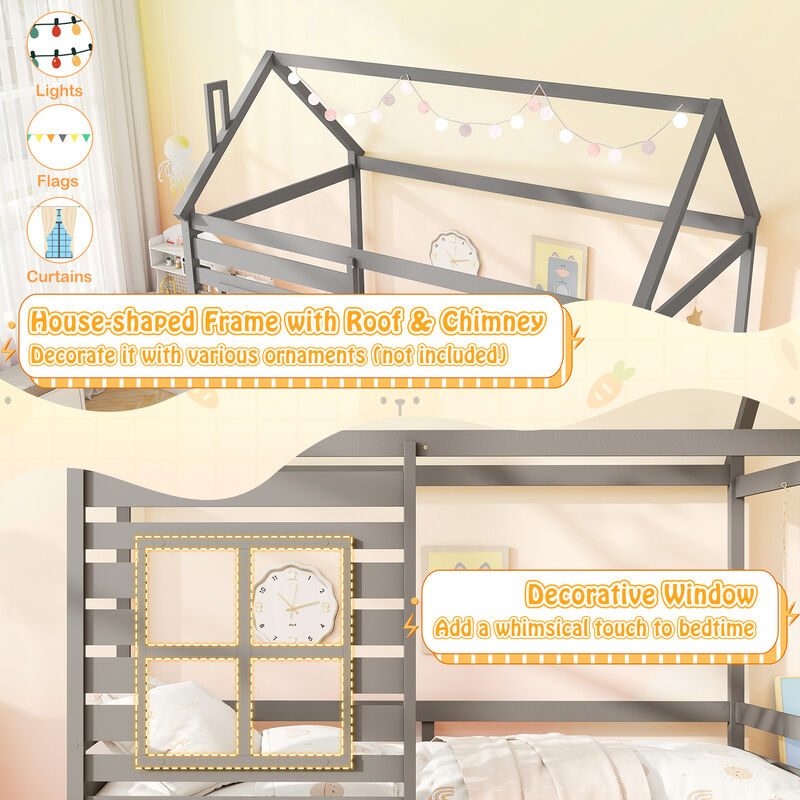 Kids Wood Bed with Roof Canopy and Slide-Out Trundle