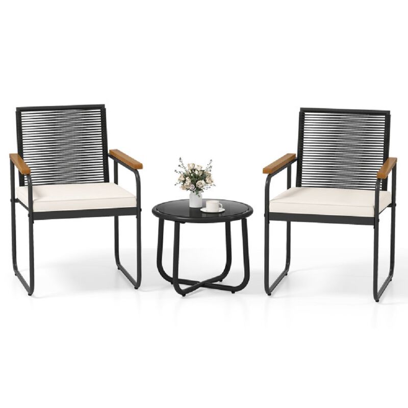 PE Rattan Patio Set, 3 Pieces with Chairs and Round Glass Table-White image number 3