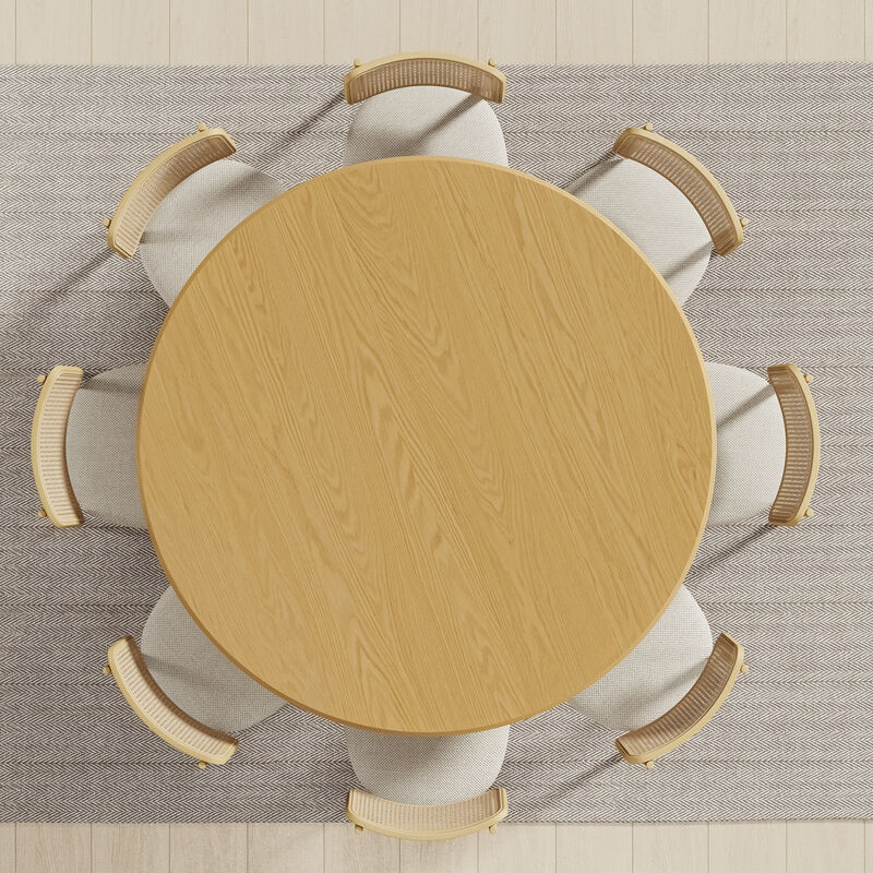 60 Inch Round Natural Wooden Dining Table Seats 4-6 People, Suitable for Living Room and Dining Room