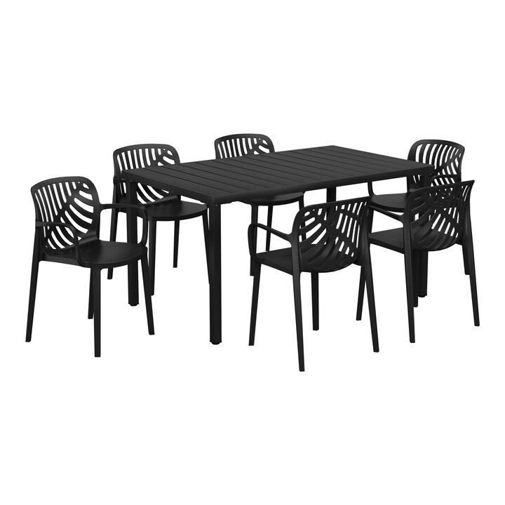 WestinTrends 7-Piece Outdoor Metal Rectangle Patio Dining Table Set With Stackable Resin Patio Dining Chairs