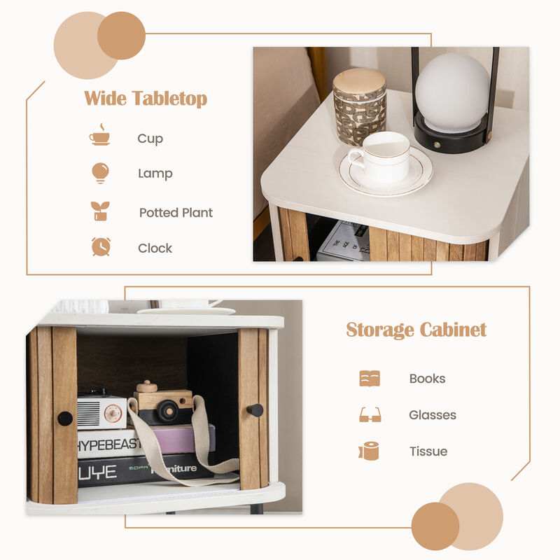 Mid-century Modern Nightstand with Sliding Doors and Storage Cabinet