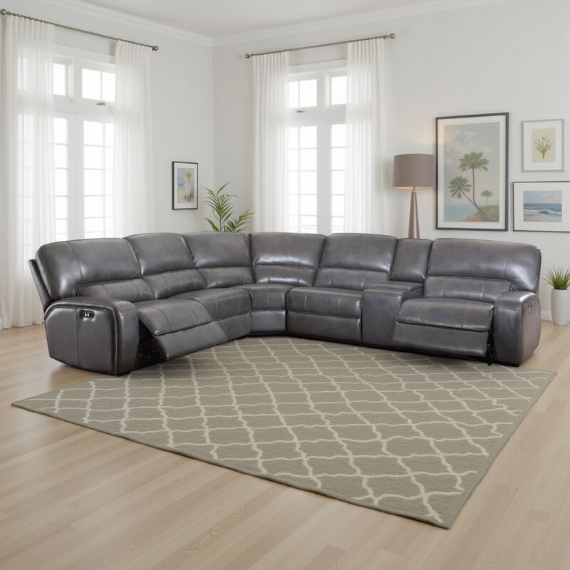 Saley Power Motion Sectional Sofa, USB, Gray Faux Leather, Console - Benzara image number 5