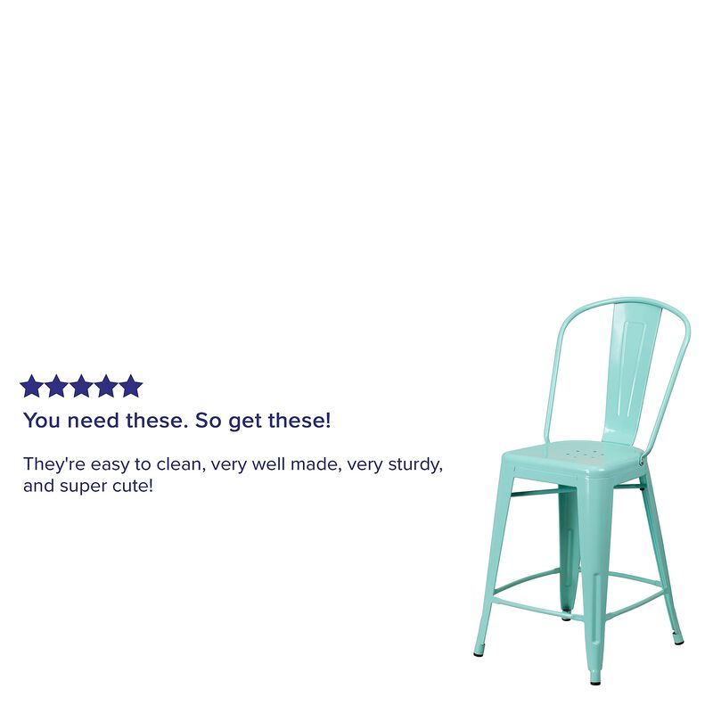 Flash Furniture Carly Commercial Grade 24" High Mint Green Metal Indoor-Outdoor Counter Height Stool with Back