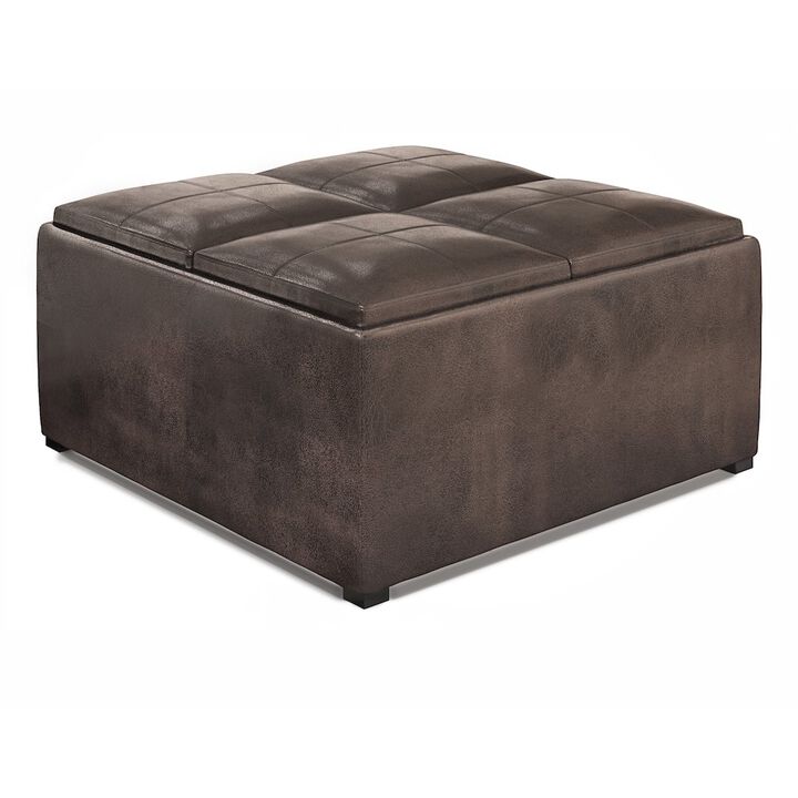 Simpli Home Coffee Table Storage Ottoman In Distressed Brown Vegan Faux Leather