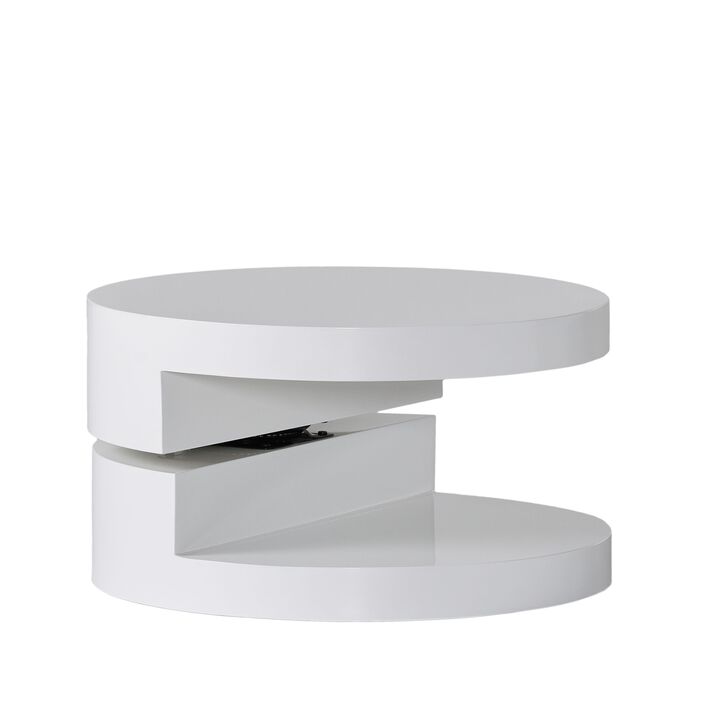 Coffee Table, Open Shelf, Rotating 24 Inch Modern Round White Top
