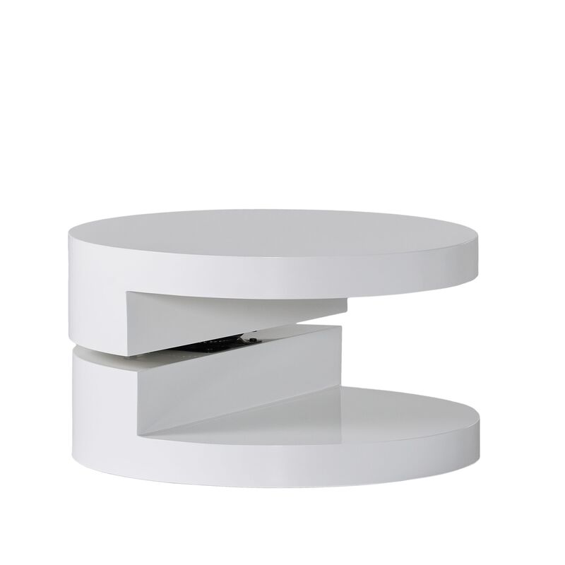 Coffee Table, Open Shelf, Rotating 24 Inch Modern Round White Top