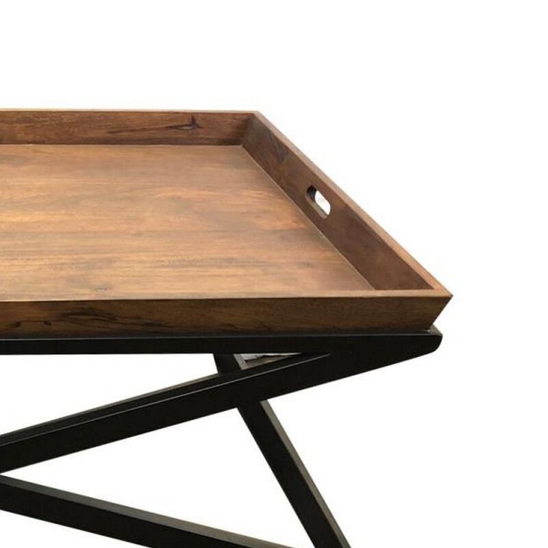 47 Inch Modern Coffee Table, Square Wood Tray Top, X Framed Black Iron Base-Benzara