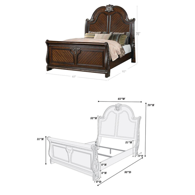 Qoz Wood Queen Size Bed with Carved Trim, Scalloped Headboard, Brown  - Benzara