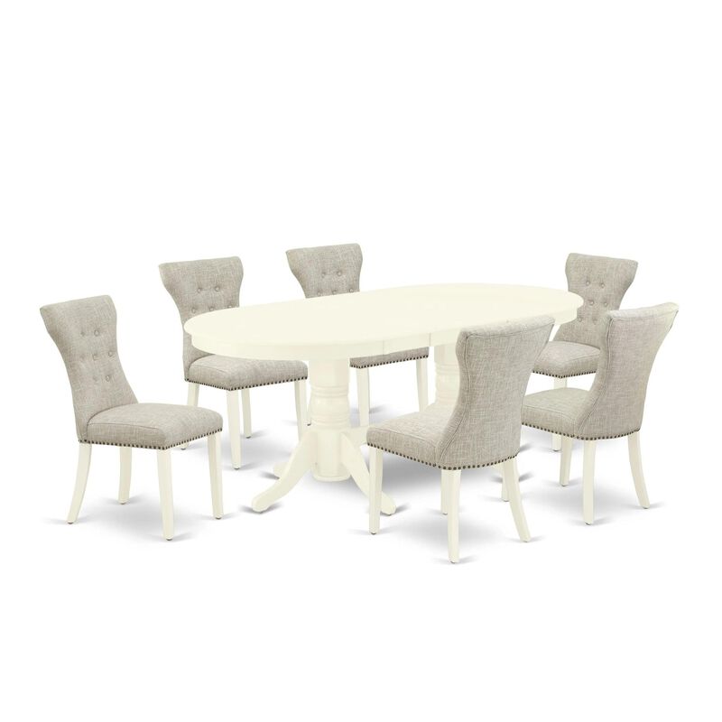 East West Furniture VAGA7-LWH-35 7-Piece modern dining table set- 6 parson chairs and butterfly leaf table hardwood structure -High back & Linen White Finish